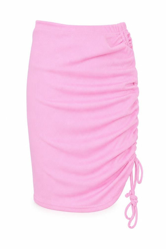 Front view of PRETTYLITTLETHING women’s pink mini skirt, size UK 6, - stretch waistband