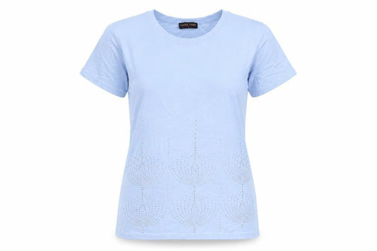 Front view of anna rose women’s blue geometric basic t-shirt, size S, - beaded