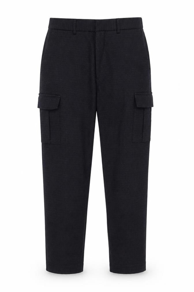 Front view of ASOS women’s blue check trousers, size UK 32, 32-inch leg