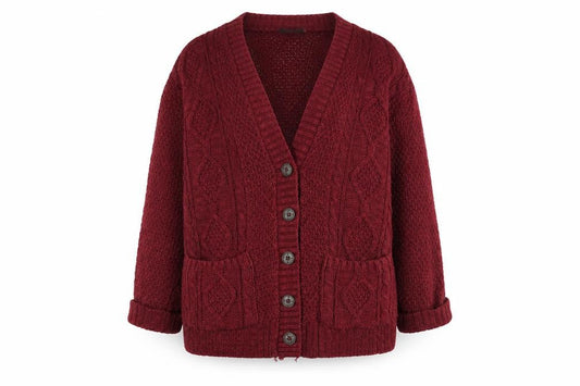 Front view of Oyisis women’s purple cardigan jumper, size M