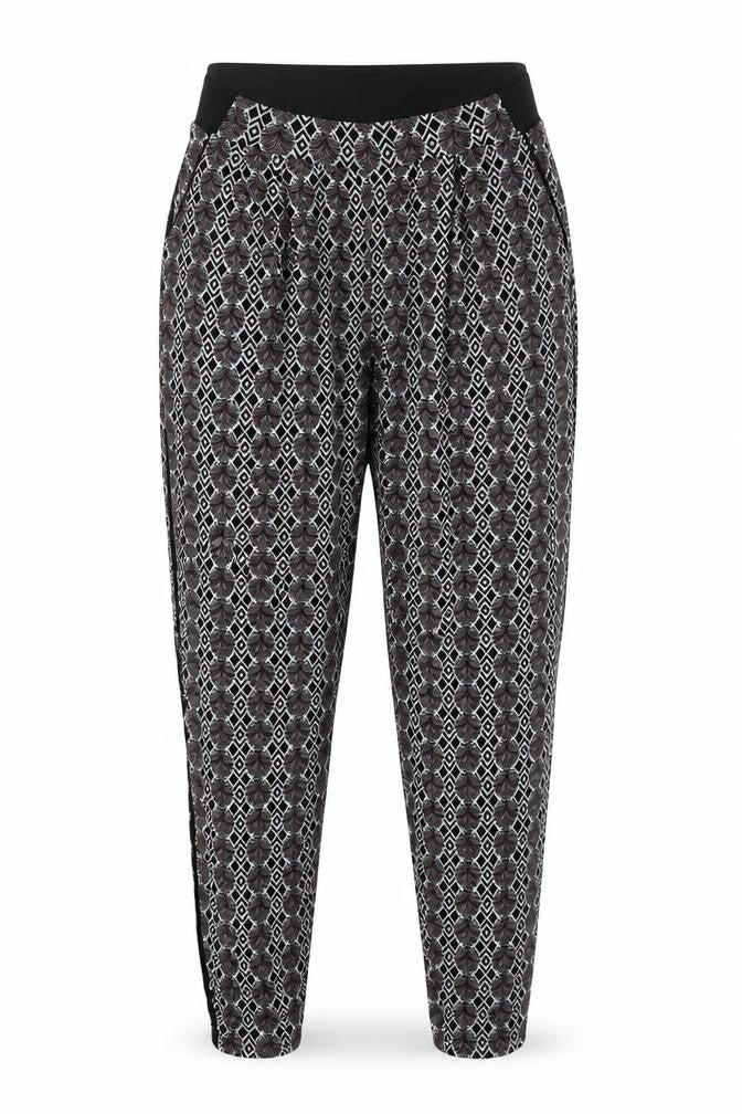 Front view of Next women’s black geometric trousers, size UK 8, 28-inch leg
