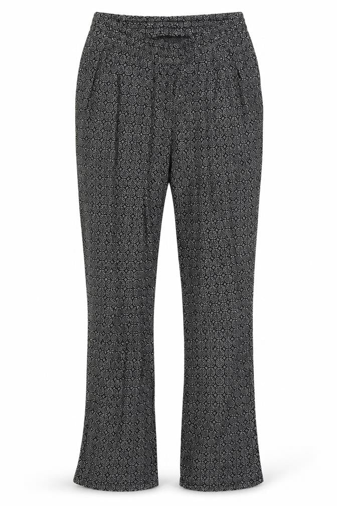 Front view of H&M women’s black geometric trousers, size XS, 30-inch leg
