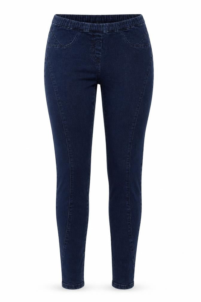 Front view of women’s blue jegging jeans, size UK 10, 28-inch leg