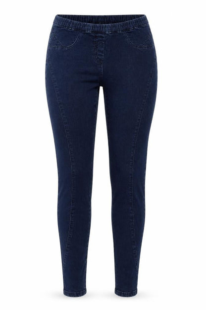 Front view of women’s blue jegging jeans, size UK 10, 28-inch leg