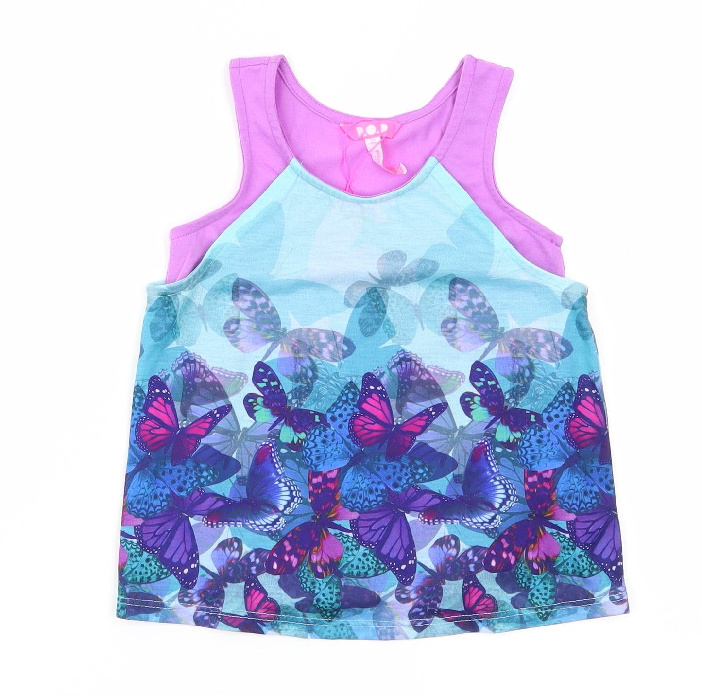 Monsoon Girls Purple Animal Print  Basic Tank Size 5-6 Years  - Butterfly Print - Layered Aqua & Purple Lower Back Vented