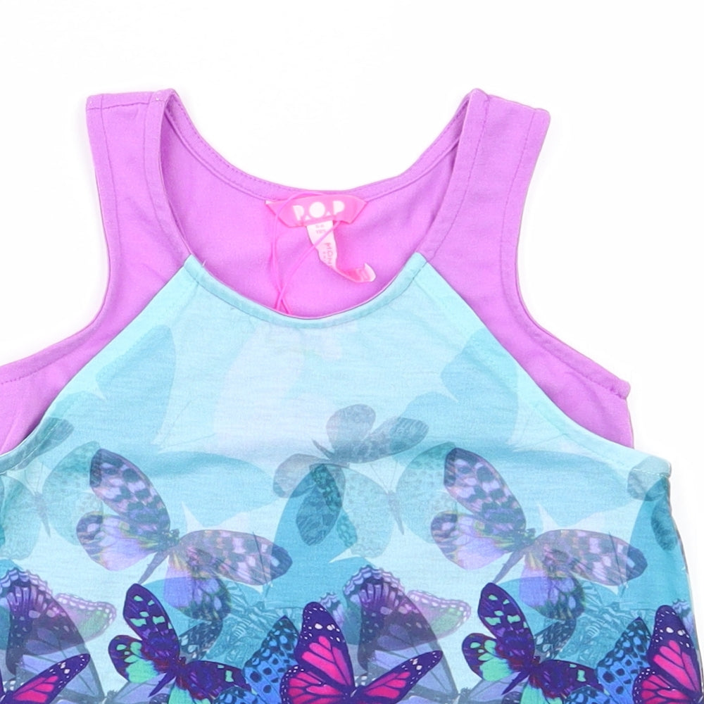 Monsoon Girls Purple Animal Print  Basic Tank Size 5-6 Years  - Butterfly Print - Layered Aqua & Purple Lower Back Vented