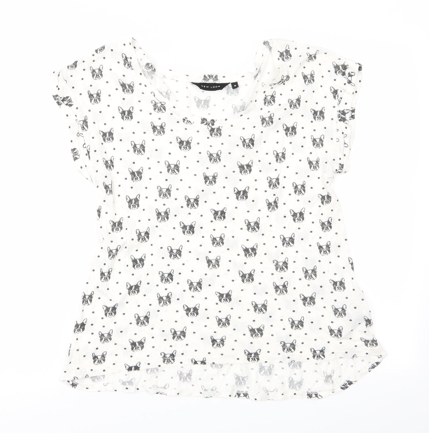 New Look Womens Ivory Animal Print   Pyjama Top Size 12  - Dog's face print