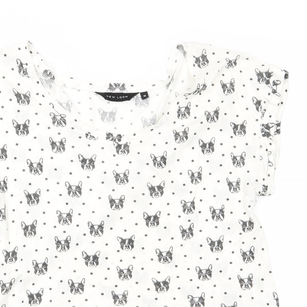 New Look Womens Ivory Animal Print   Pyjama Top Size 12  - Dog's face print