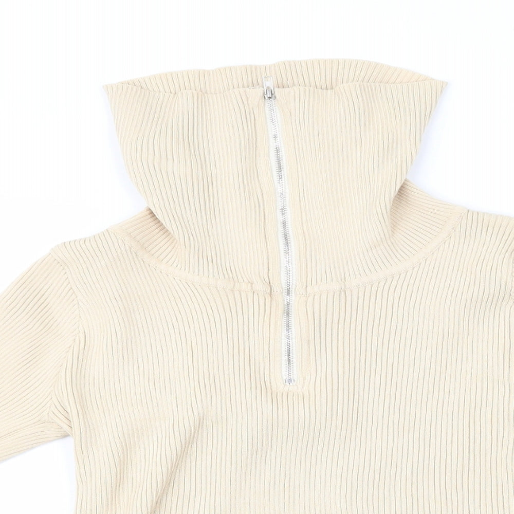 Cherry Koko Womens Beige Striped  Henley Jumper Size M  - High Heck Henley Skinny Ribbed Style