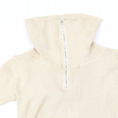 Cherry Koko Womens Beige Striped  Henley Jumper Size M  - High Heck Henley Skinny Ribbed Style