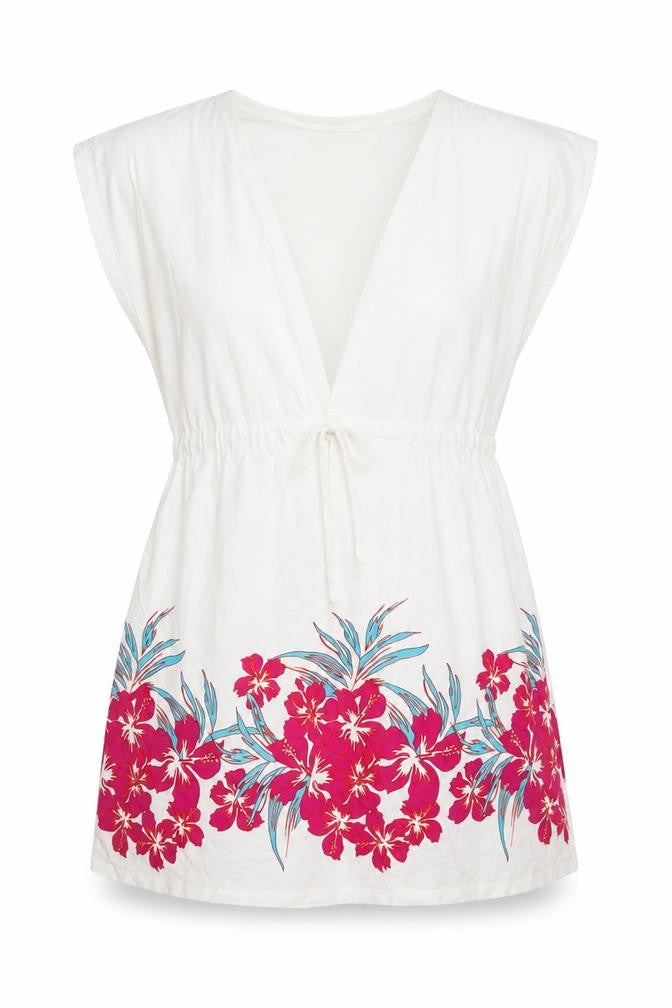 Front view of Resort women’s white floral tunic blouse, size UK 12