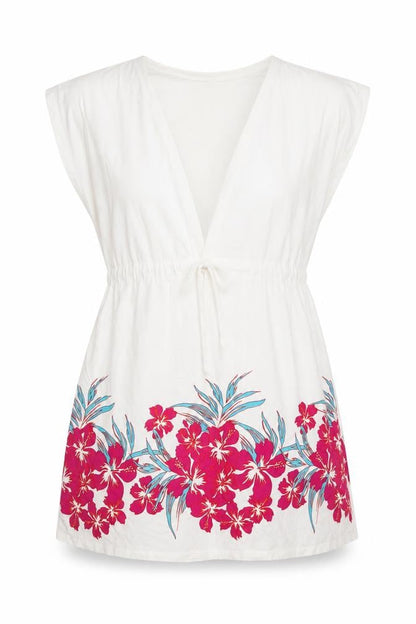 Front view of Resort women’s white floral tunic blouse, size UK 12