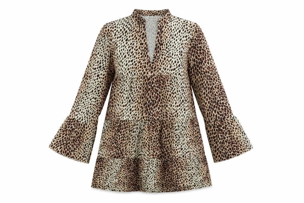 Front view of women’s beige animal print a-line, size M