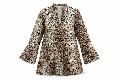 Front view of women’s beige animal print a-line, size M