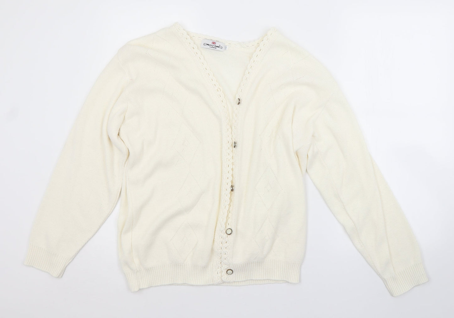MERRY GOLD LONDON Womens White Argyle/Diamond  Cardigan Jumper Size L