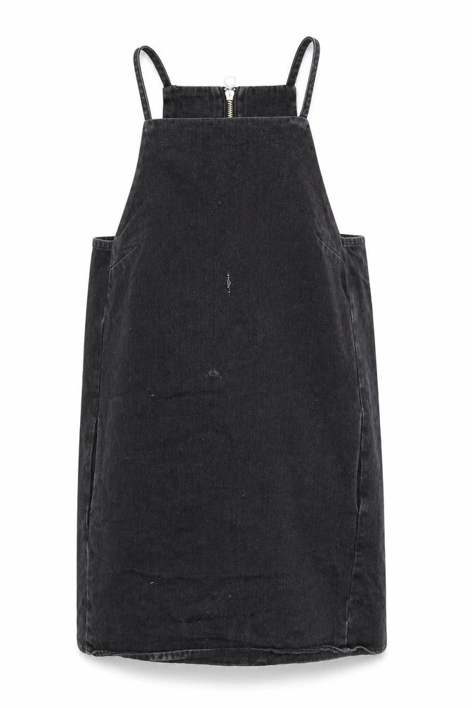 Front view of Topshop women’s grey herringbone pinafore/dungaree dress, size UK 12