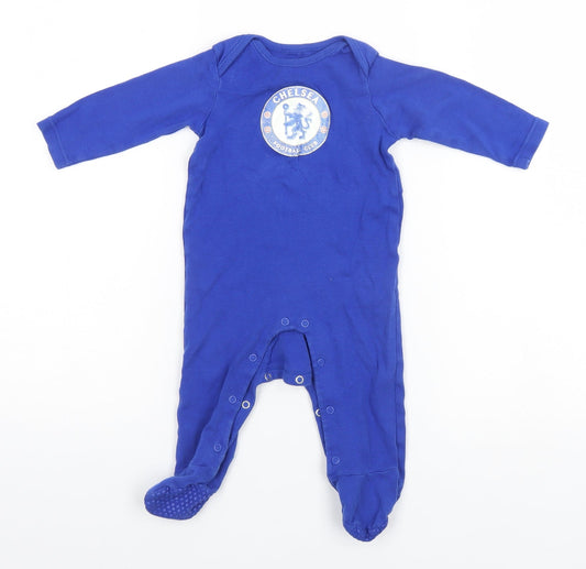 Front view of Chelsea Baby Blue Babygrow One-Piece, size 6-9, Months - Football