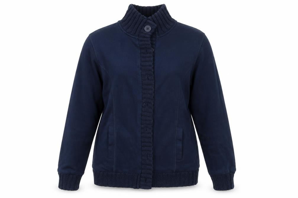Front view of Damart women’s blue cardigan jumper, size UK 14