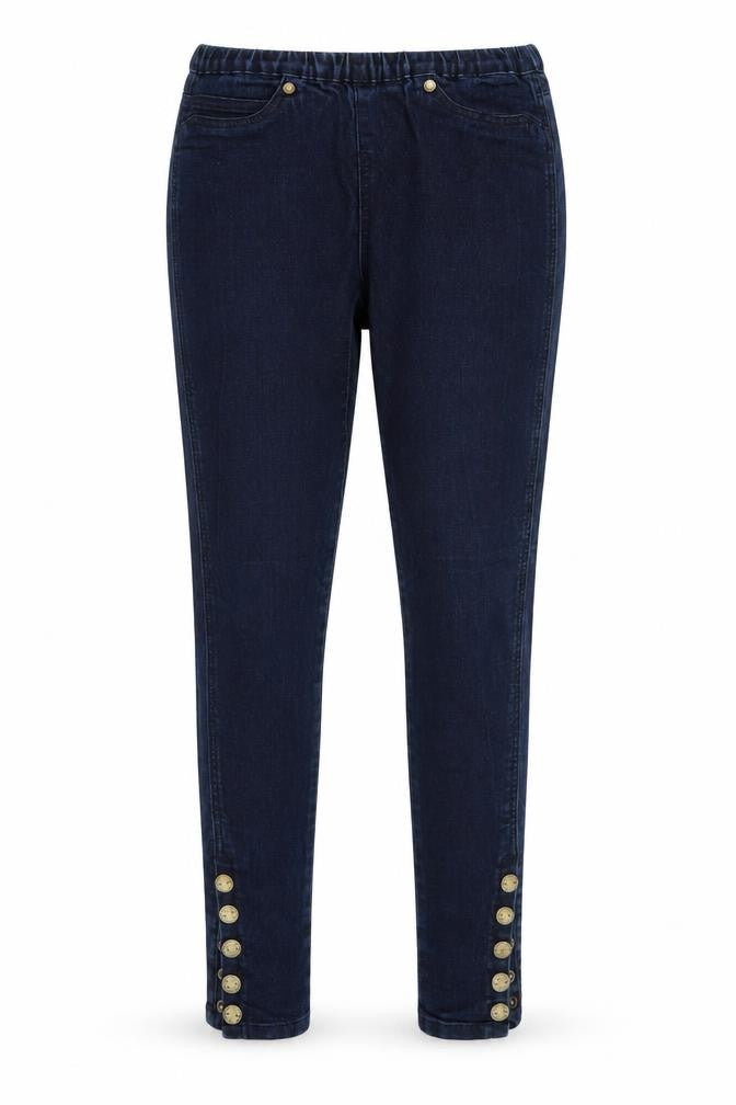 Front view of Yes Yes women’s blue tapered jeans, size UK 10, 30-inch leg - elastic waist