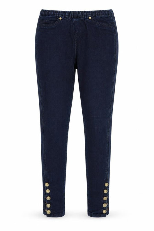 Front view of Yes Yes women’s blue tapered jeans, size UK 10, 30-inch leg - elastic waist