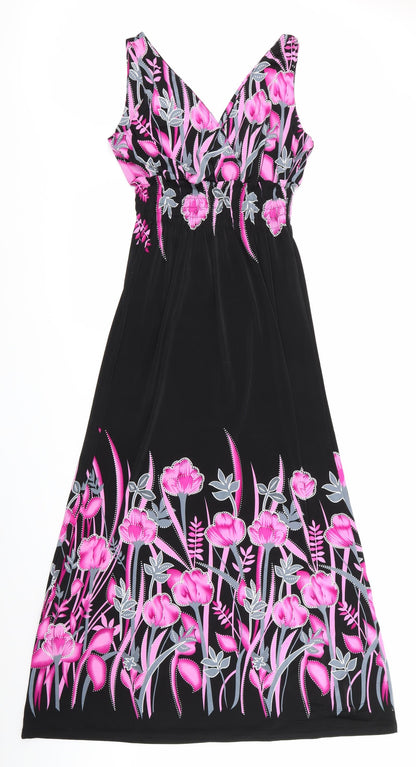 Preworn Womens Black Floral  Maxi    - Pink & Grey Flowers V Back