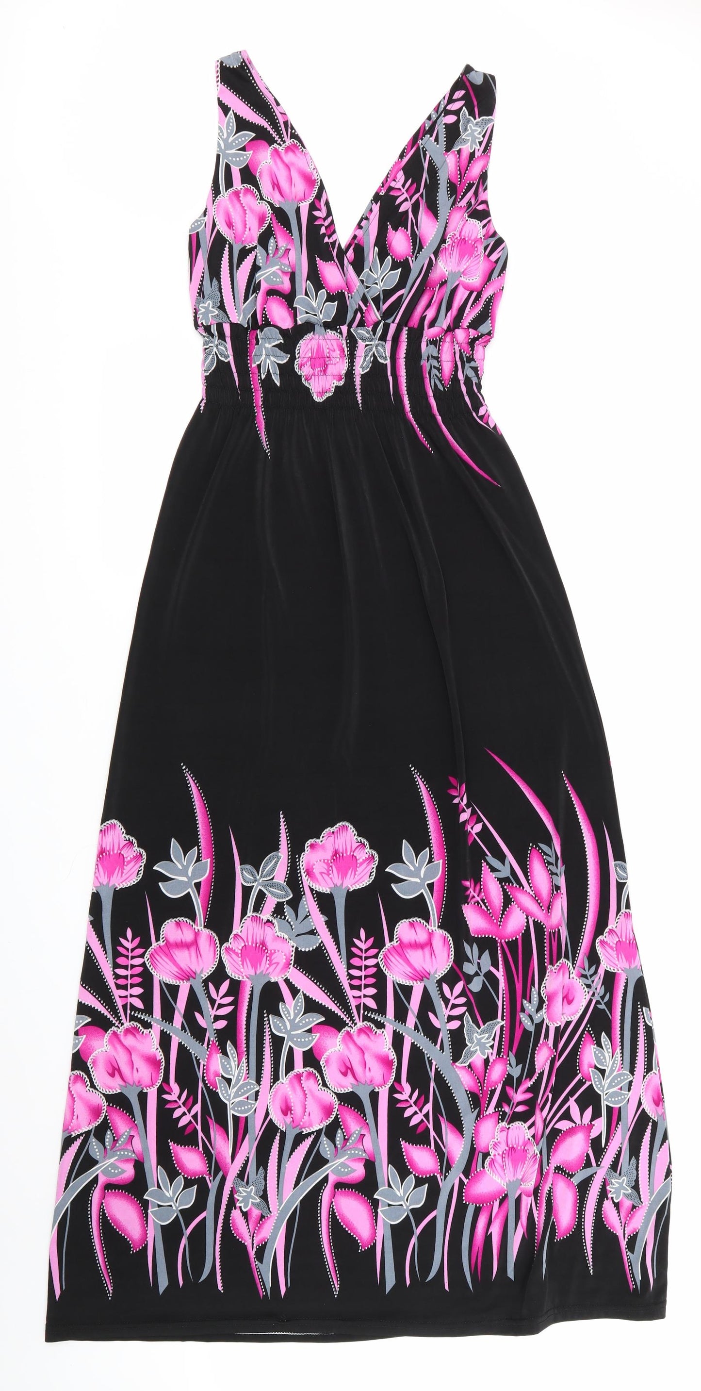 Preworn Womens Black Floral  Maxi    - Pink & Grey Flowers V Back
