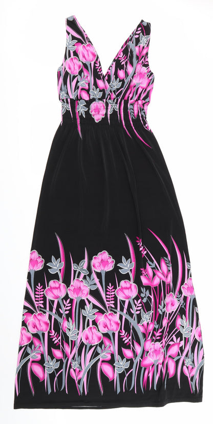 Preworn Womens Black Floral  Maxi    - Pink & Grey Flowers V Back