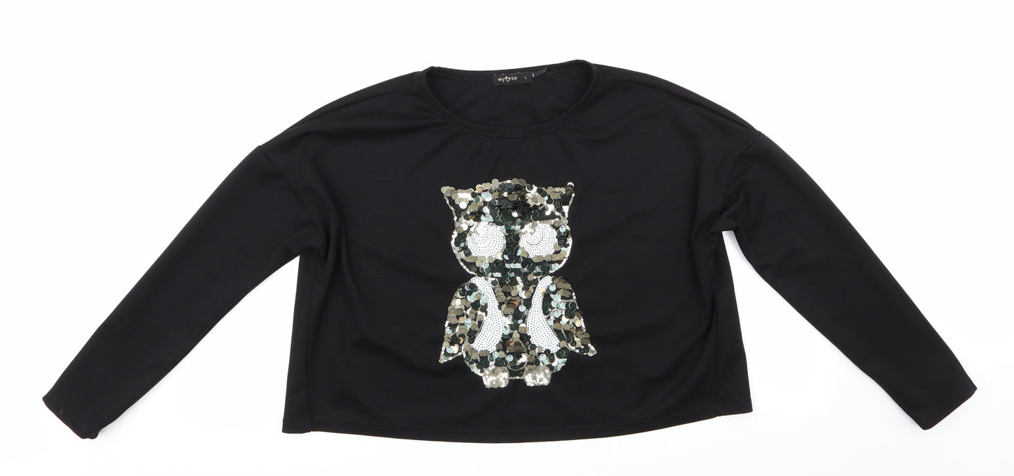My Heart Womens Black Animal Print  Pullover Sweatshirt Size L  - Sequinned Owl