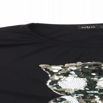 My Heart Womens Black Animal Print  Pullover Sweatshirt Size L  - Sequinned Owl
