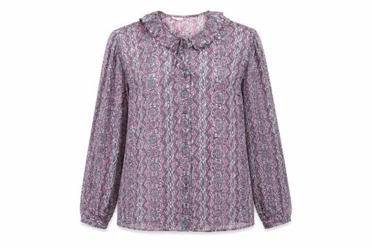Front view of Wilray Separates women’s grey geometric basic button-up, size UK 16, - frilled collar pink & grey
