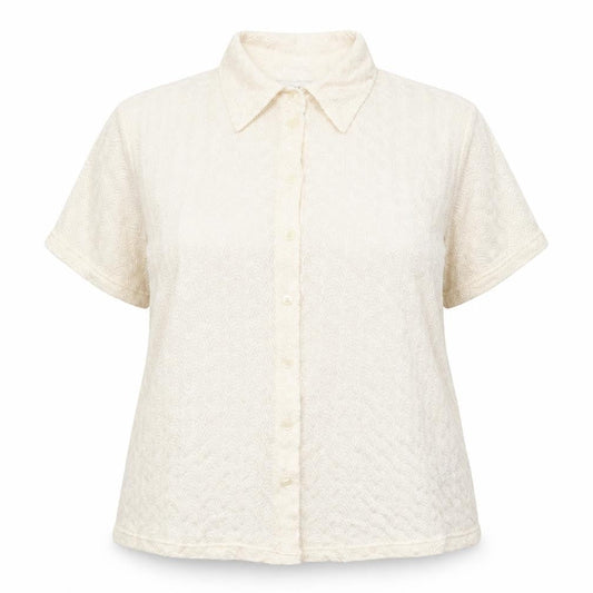 Front view of Essence women’s ivory geometric basic button-up, size UK 18, - lace like open knit
