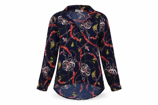 Front view of Jolie Angel women’s blue geometric basic button-up, size UK 6