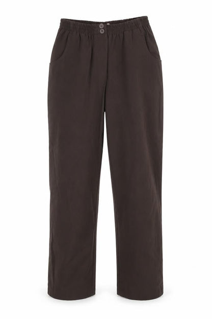 Front view of Preworn women’s brown trousers, size UK 12, 25-inch leg