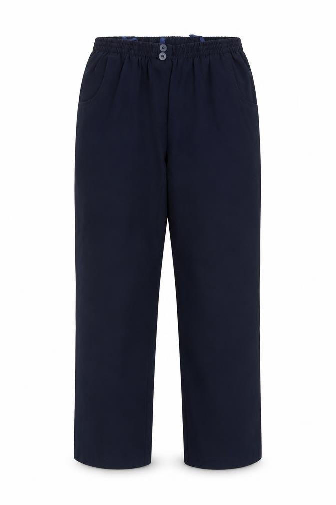 Front view of Preworn women’s blue trousers, size UK 12, 26-inch leg
