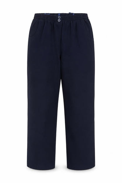 Front view of Preworn women’s blue trousers, size UK 12, 26-inch leg
