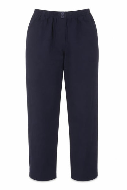 Front view of Preworn women’s blue trousers, size UK 12, 26-inch leg