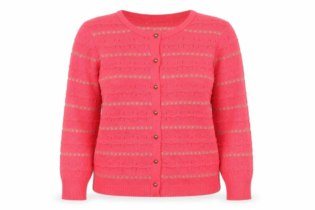 Front view of George women’s purple striped cardigan jumper, size UK 14