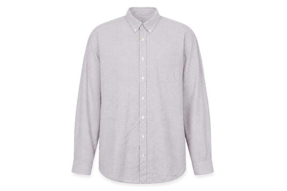 Front view of Tomas Mayes men’s purple check button-up, size 2XL, - lilac pink blue orange fine line checks buttons collar