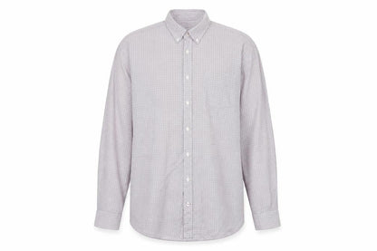 Front view of Tomas Mayes men’s purple check button-up, size 2XL, - lilac pink blue orange fine line checks buttons collar