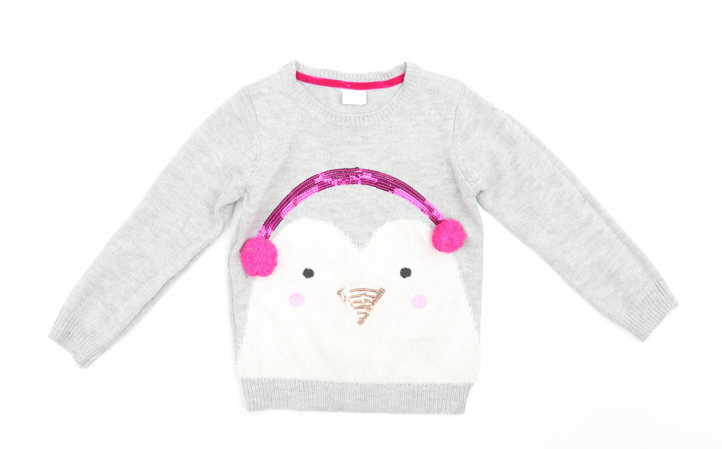 Florence and Fred Girls Grey Animal Print  Pullover Jumper Size 5-6 Years  - Penguin Ear Muffs