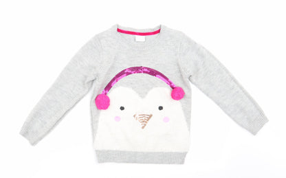 Florence and Fred Girls Grey Animal Print  Pullover Jumper Size 5-6 Years  - Penguin Ear Muffs