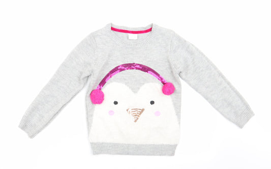 Florence and Fred Girls Grey Animal Print  Pullover Jumper Size 5-6 Years  - Penguin Ear Muffs