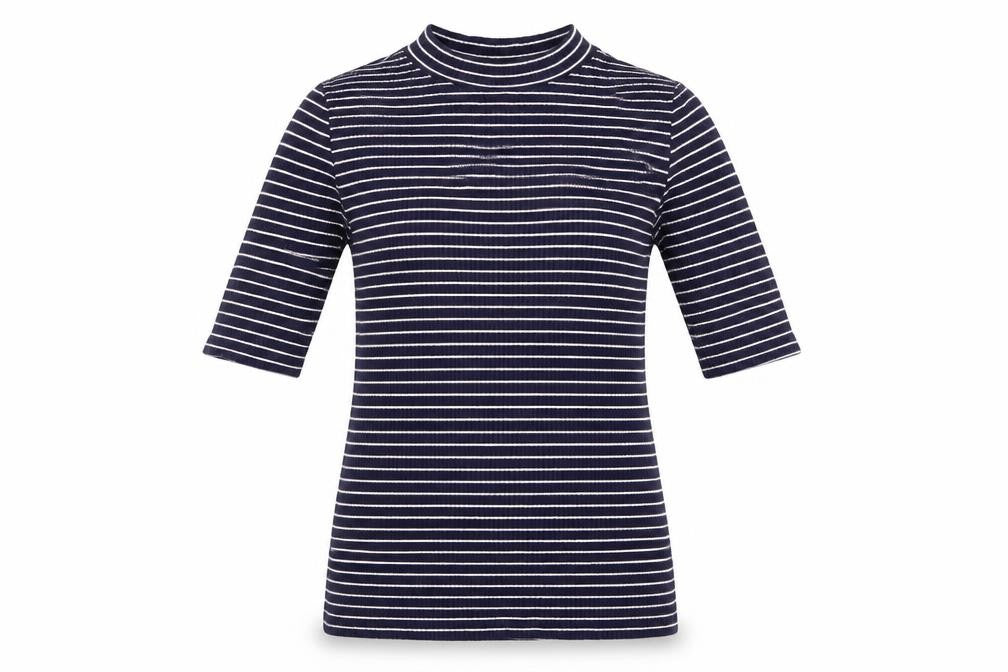 Front view of F&F women’s blue striped jumper, size UK 6, - blue & white stripe
