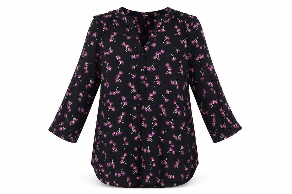Front view of Peacocks women’s black floral basic button-up, - pink orange purple flowers adjustable sleeve length