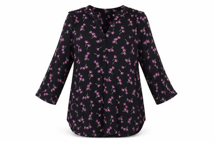 Front view of Peacocks women’s black floral basic button-up, - pink orange purple flowers adjustable sleeve length