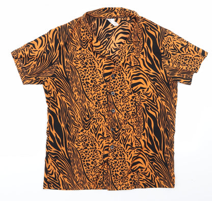 I Love Fancy Dress Womens Orange Animal Print  Basic Button-Up Size S  - Black Print