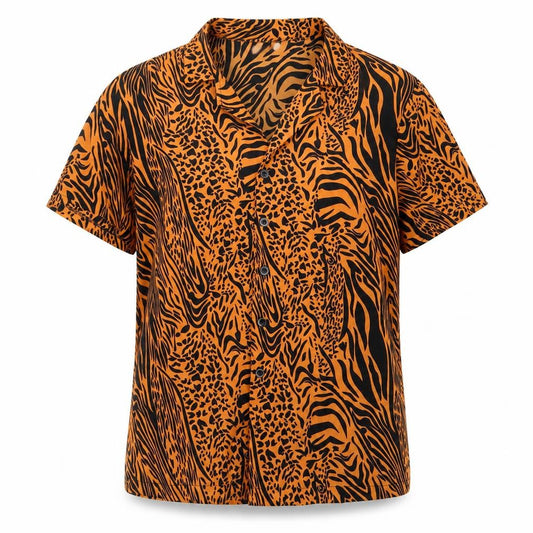 Front view of I Love Fancy Dress women’s orange animal print basic button-up, size S, - black print
