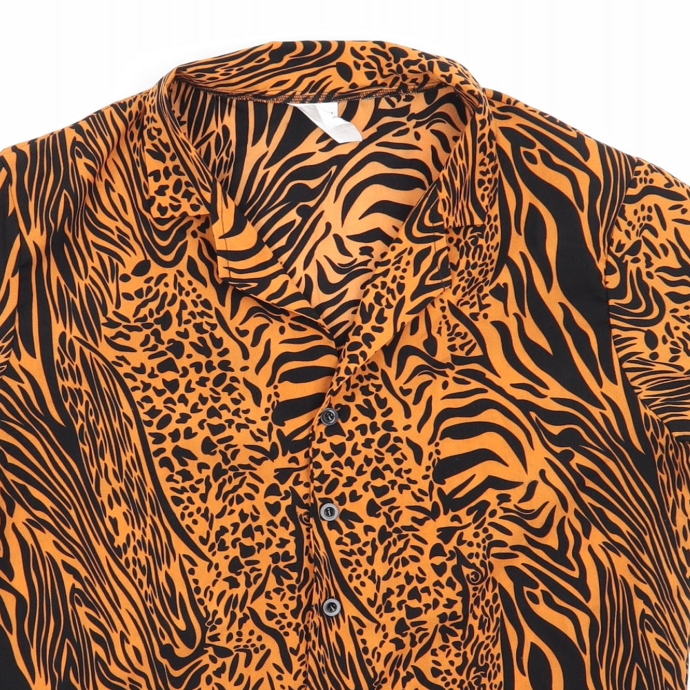 I Love Fancy Dress Womens Orange Animal Print  Basic Button-Up Size S  - Black Print
