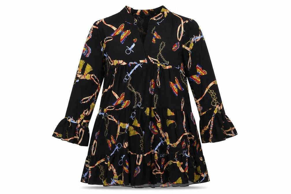 Front view of Cameo Rose women’s black geometric a-line, size UK 10