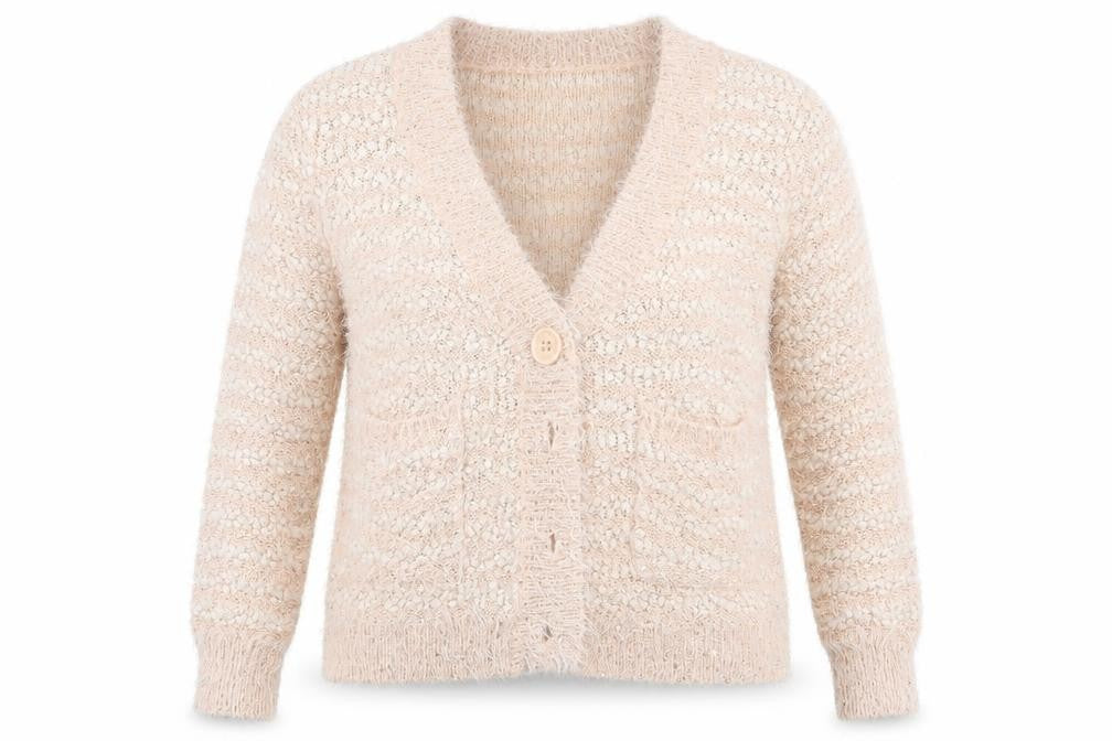 Front view of Preworn women’s beige cardigan jumper, size L